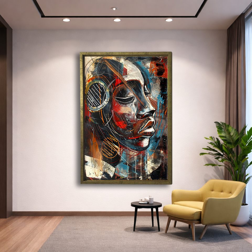 Cubist Woman Face with Headphones canvas wall art, gold floating frame