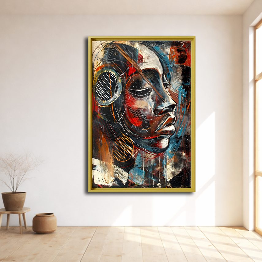 Cubist Woman Face with Headphones canvas wall art, natural wood floating frame