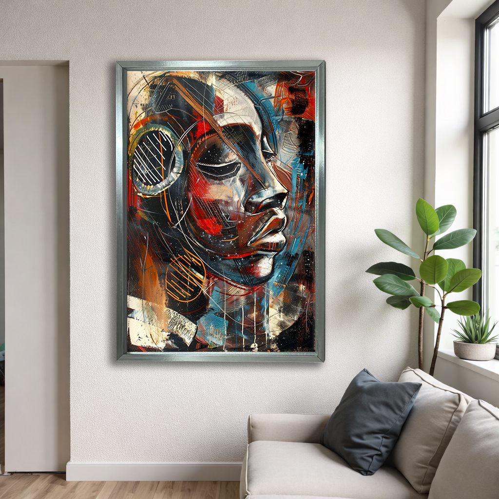 Cubist Woman Face with Headphones canvas wall art, silver floating frame