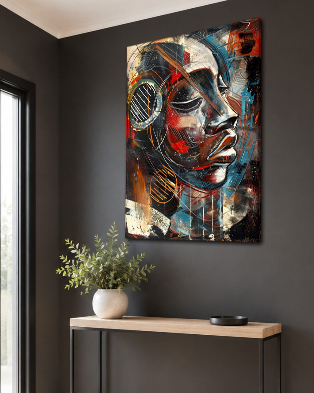 Cubist Woman Face with Headphones canvas wall art, unframed canvas