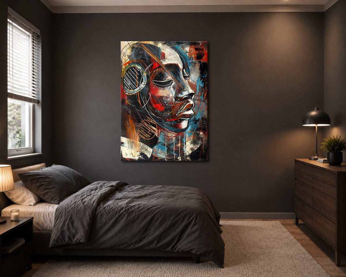 Cubist Woman Face with Headphones canvas wall art, unframed canvas
