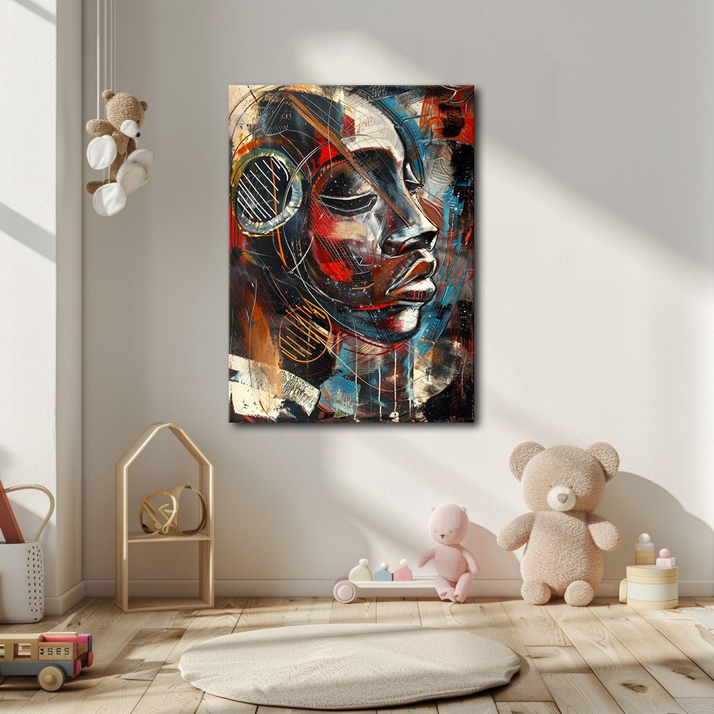 Cubist Woman Face with Headphones canvas wall art, unframed canvas
