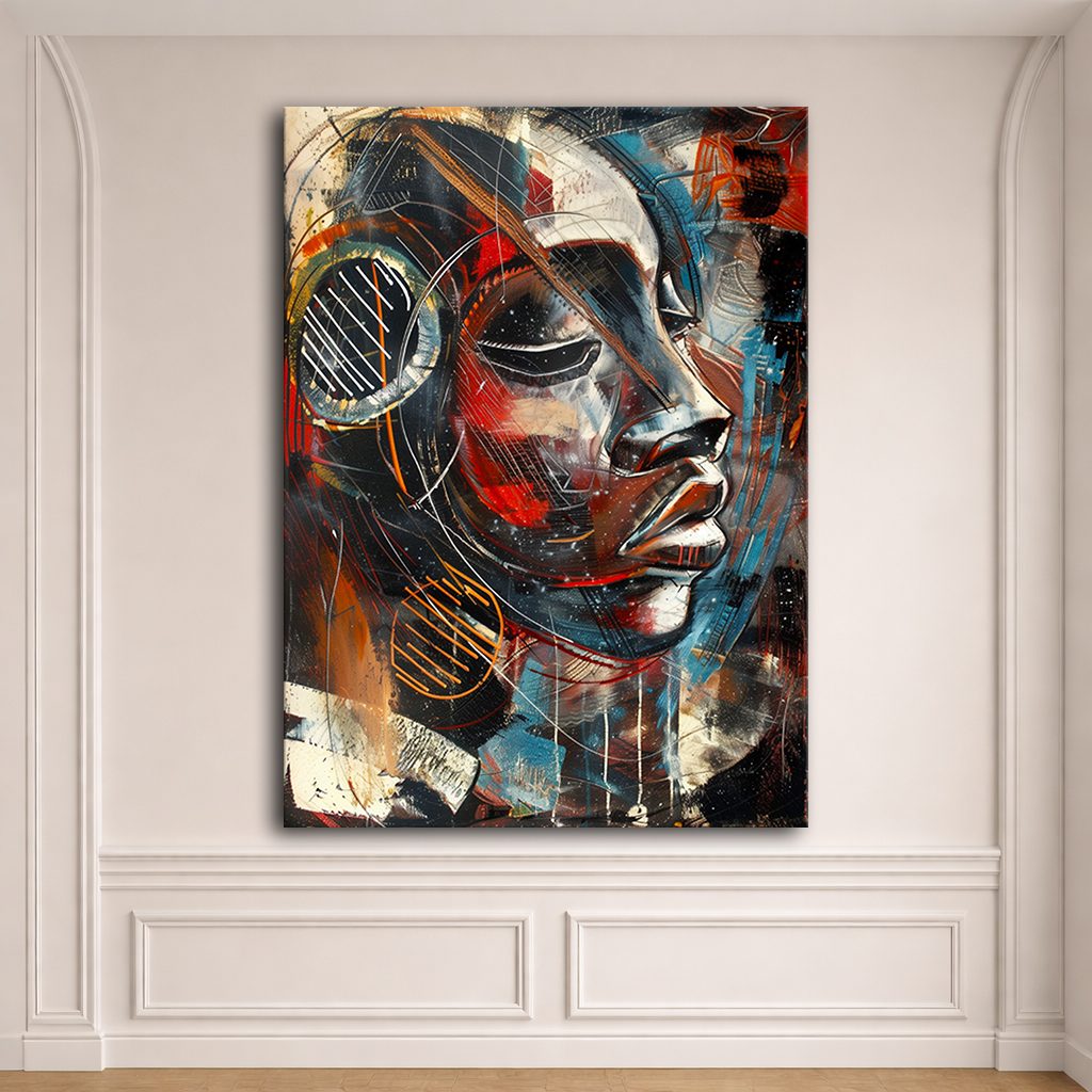 Cubist Woman Face with Headphones canvas wall art, unframed canvas