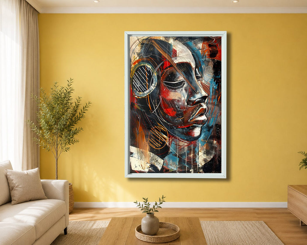 Cubist Woman Face with Headphones canvas wall art, white floating frame