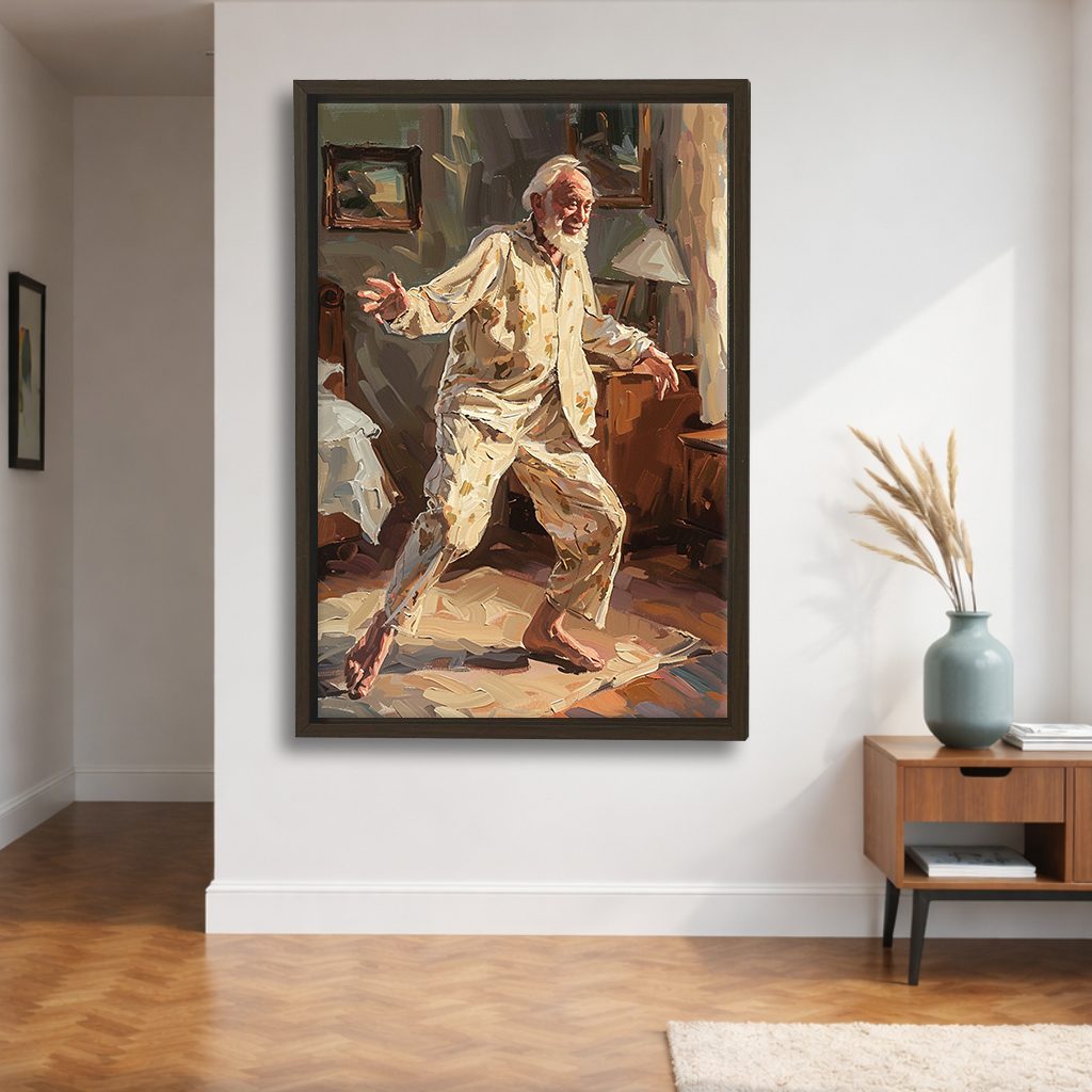 Dancing Grandpa Joy Painting canvas wall art, walnut floating frame