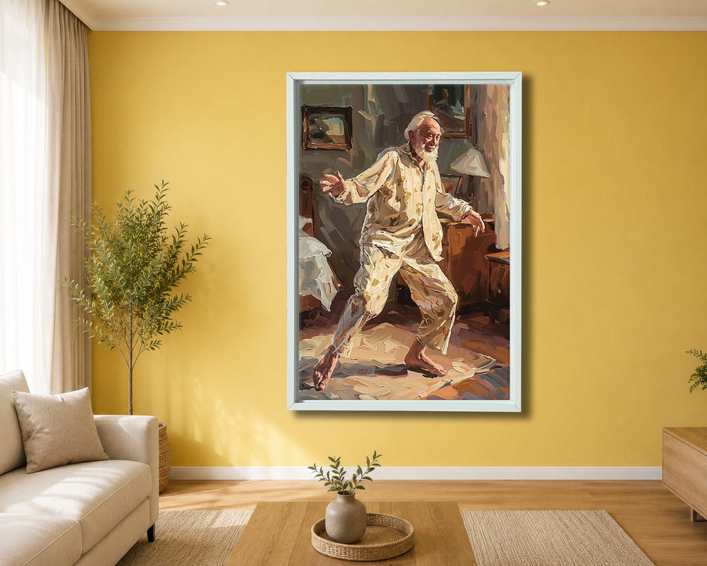 Dancing Grandpa Joy Painting canvas wall art, white floating frame