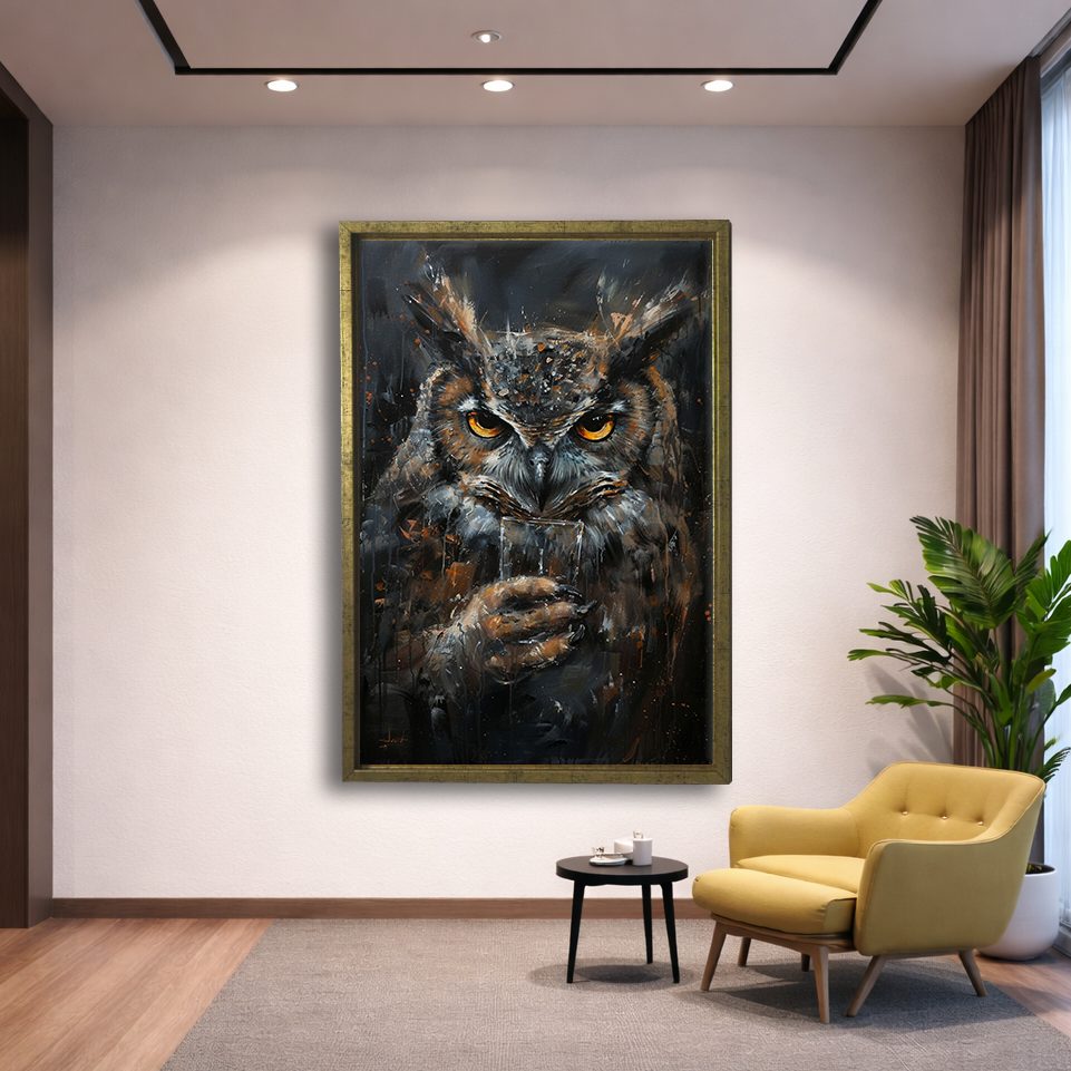 Dark Owl Portrait canvas wall art, gold floating frame
