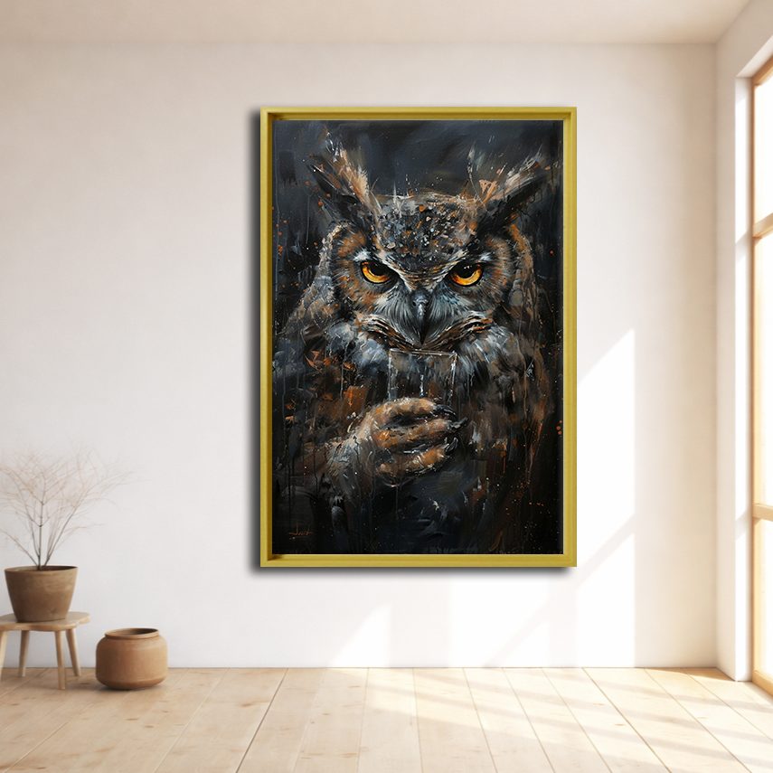 Dark Owl Portrait canvas wall art, natural wood floating frame