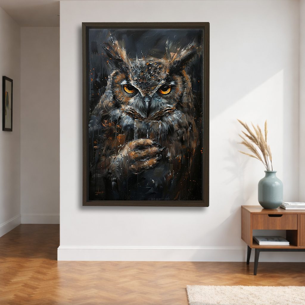 Dark Owl Portrait canvas wall art, walnut floating frame