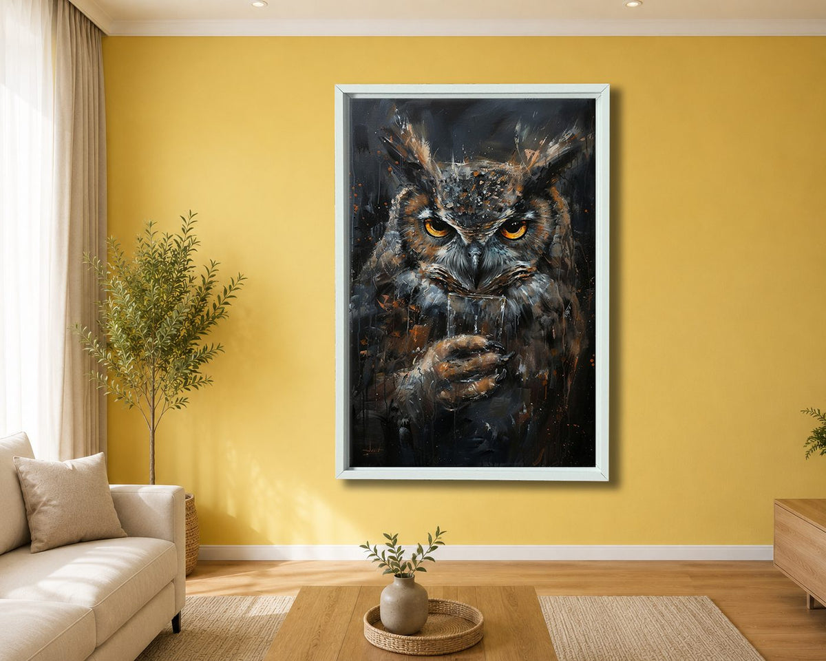 Dark Owl Portrait canvas wall art, white floating frame