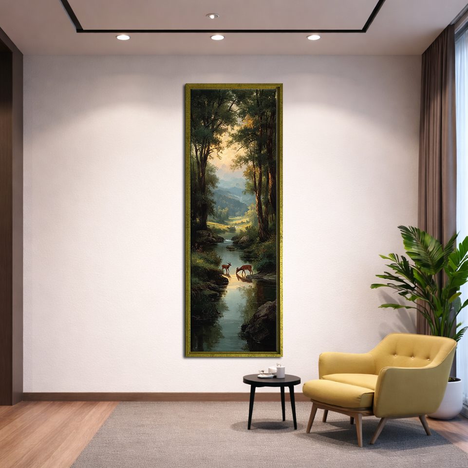 Deer by the Forest Creek canvas wall art, gold floating frame