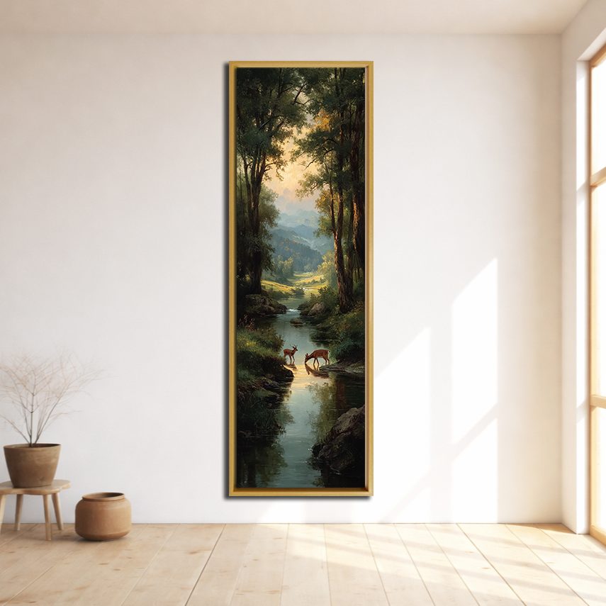 Deer by the Forest Creek canvas wall art, natural wood floating frame