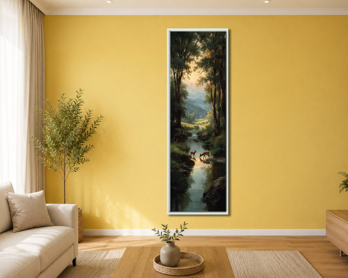 Deer by the Forest Creek canvas wall art, white floating frame