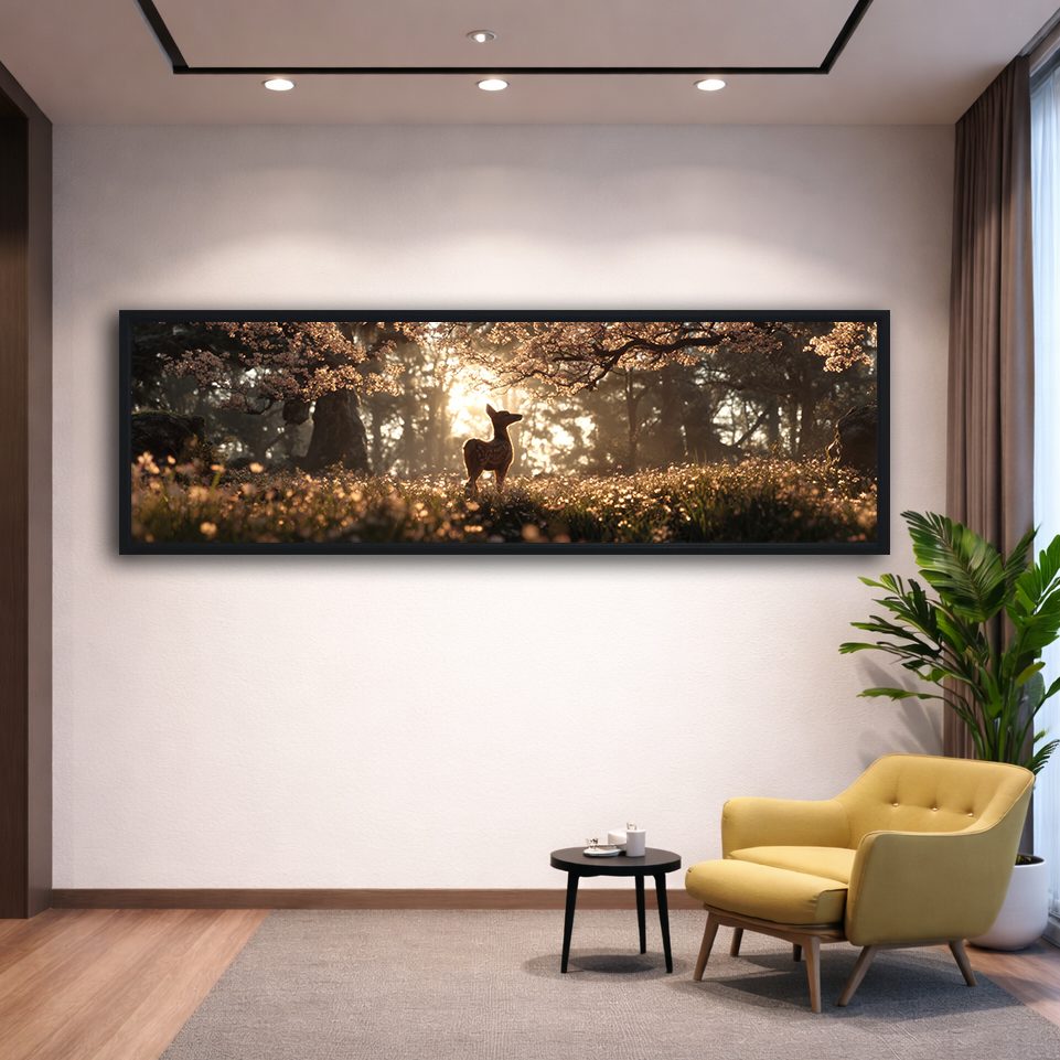 Deer in Golden Light Forest canvas wall art, black floating frame