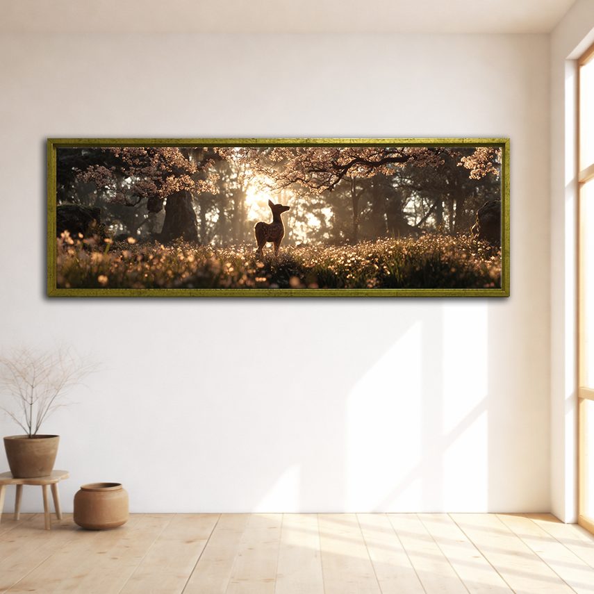 Deer in Golden Light Forest canvas wall art, gold floating frame