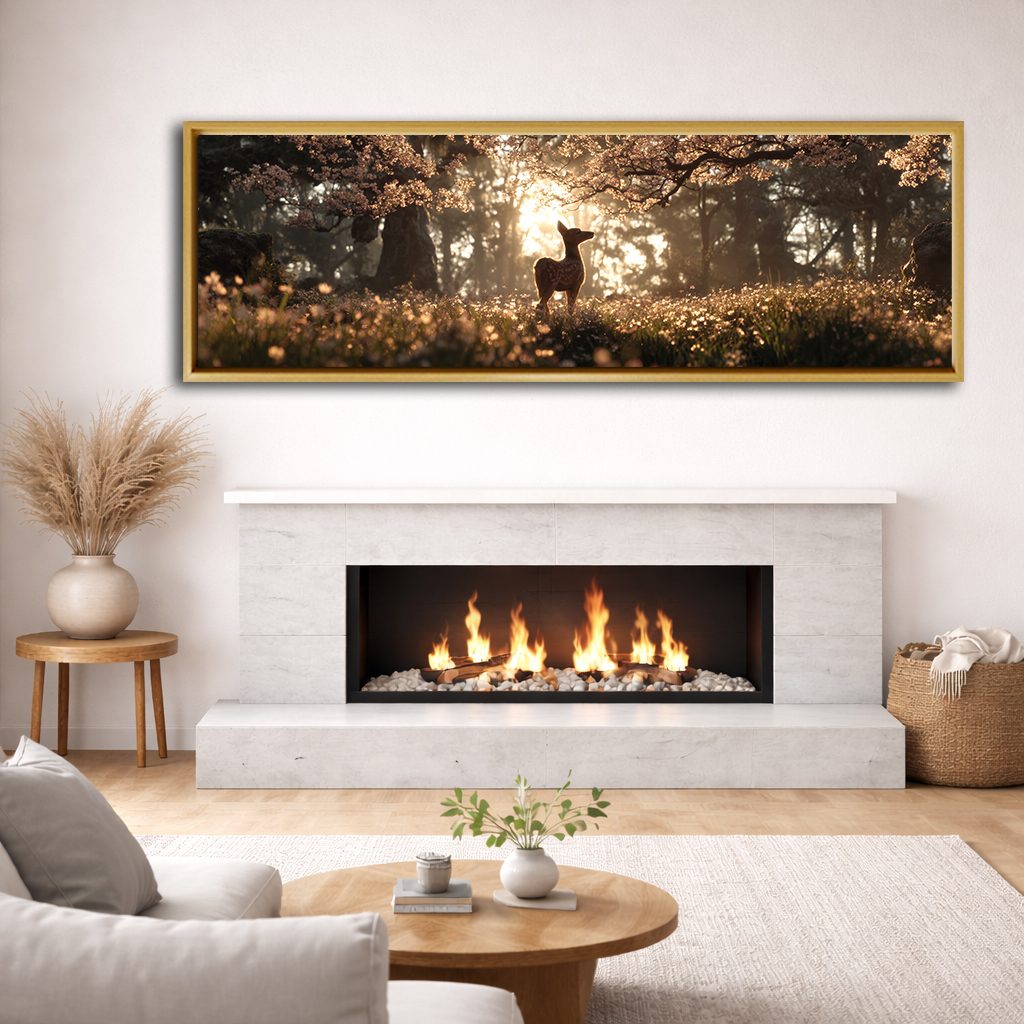 Deer in Golden Light Forest canvas wall art, natural wood floating frame