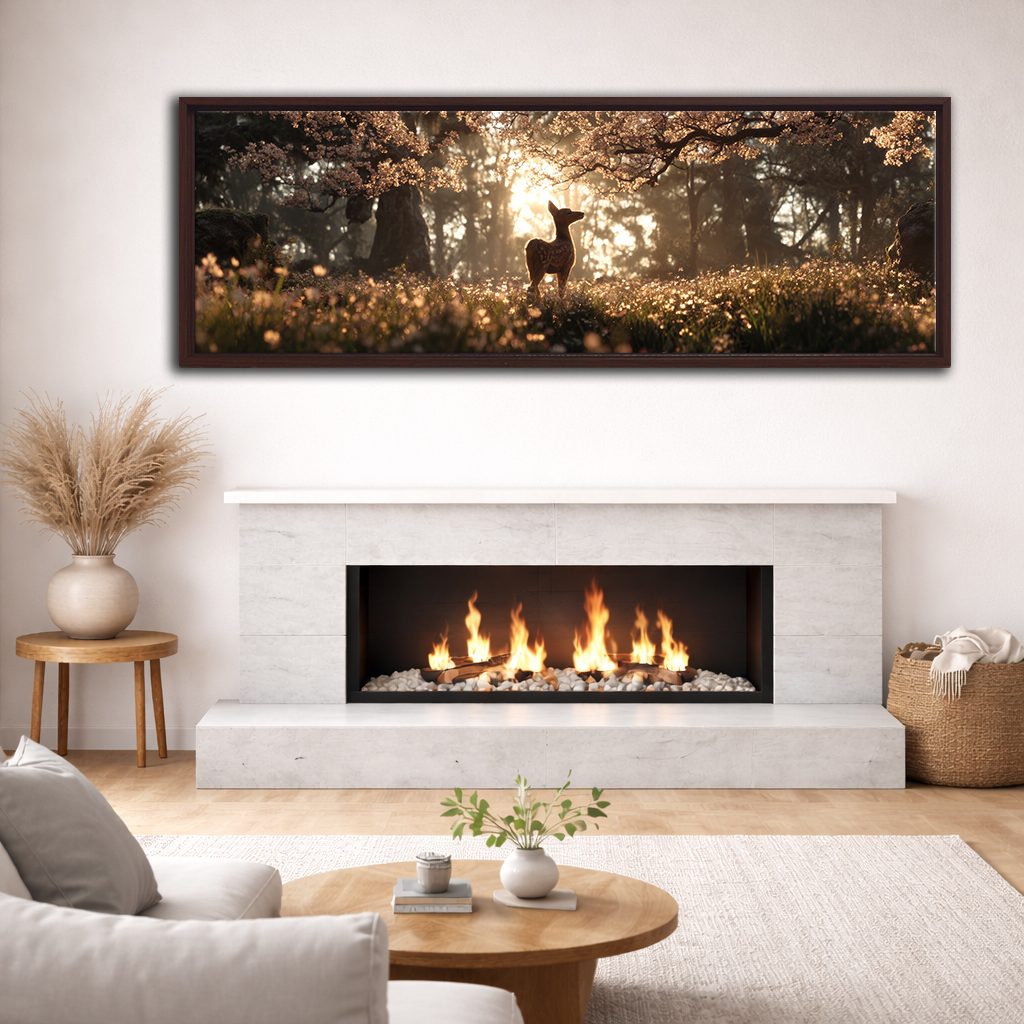 Deer in Golden Light Forest canvas wall art, walnut floating frame