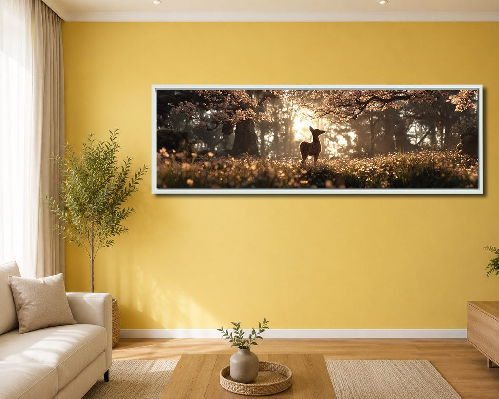 Deer in Golden Light Forest canvas wall art, white floating frame