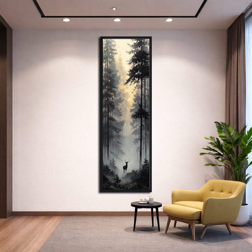 Deer in the Misty Pine Forest canvas wall art, black floating frame