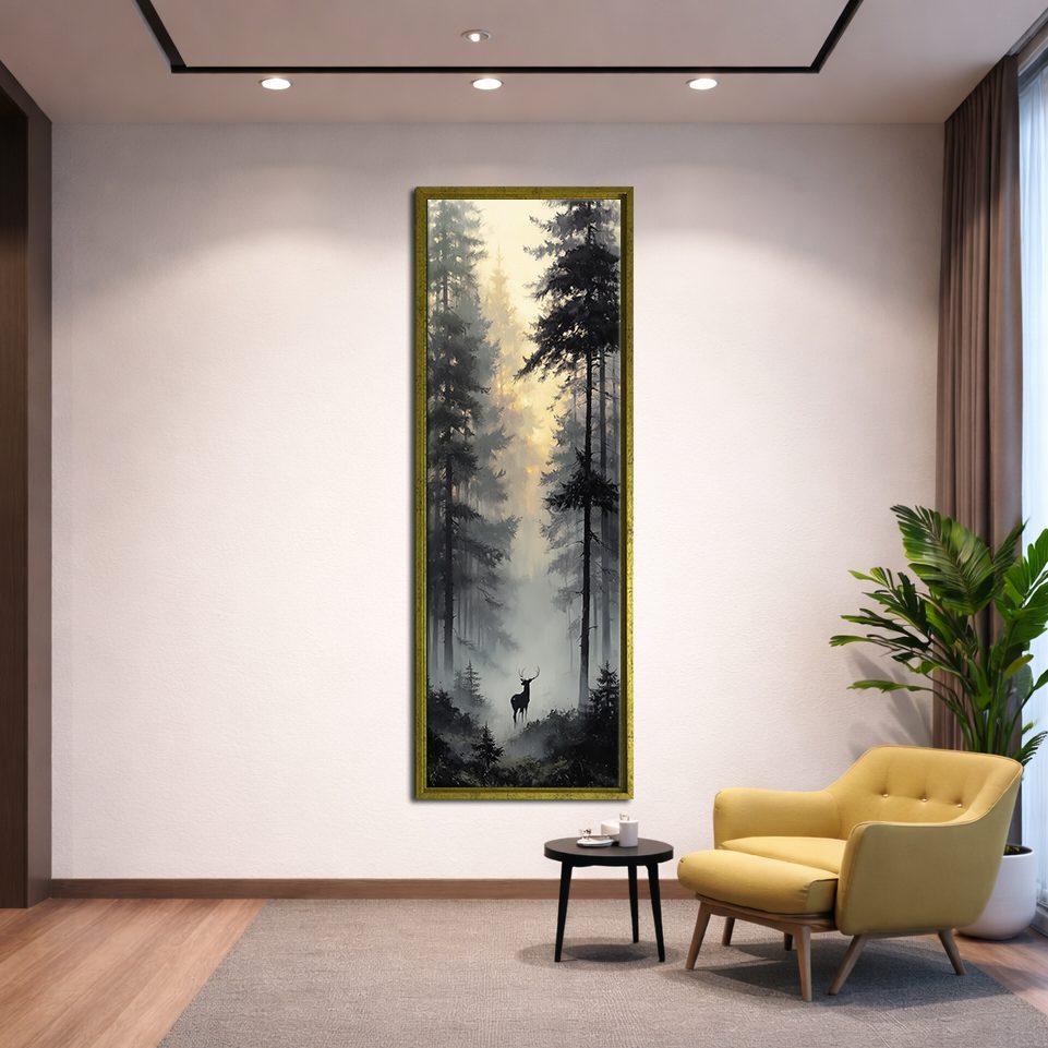 Deer in the Misty Pine Forest canvas wall art, gold floating frame