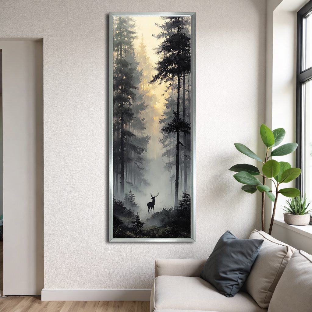 Deer in the Misty Pine Forest canvas wall art, silver floating frame