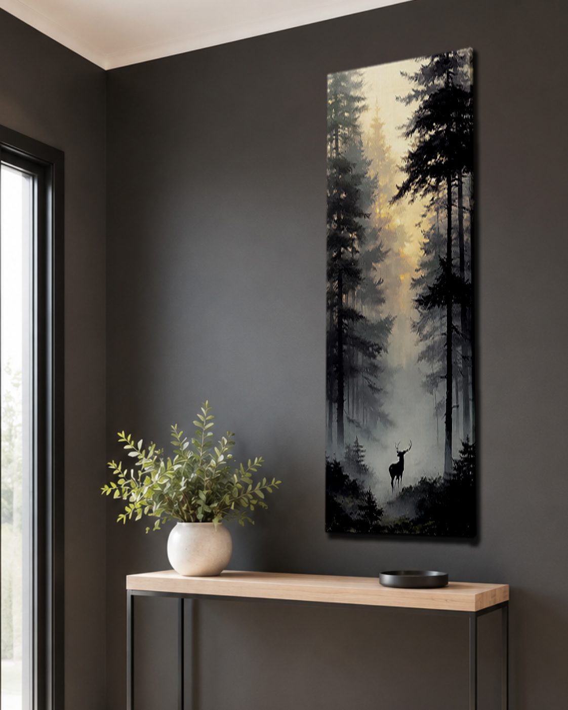 Deer in the Misty Pine Forest canvas wall art, unframed canvas