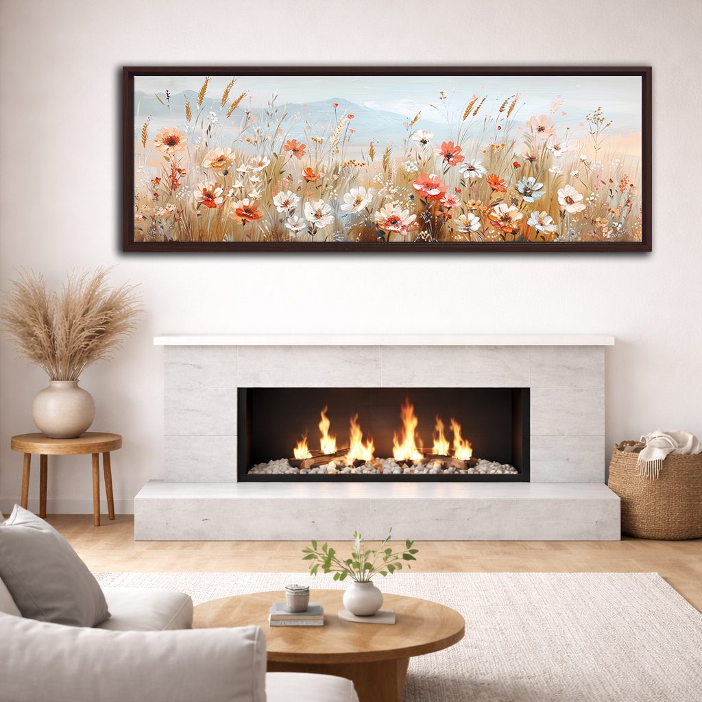 Delicate Wildflower Field canvas wall art, walnut floating frame