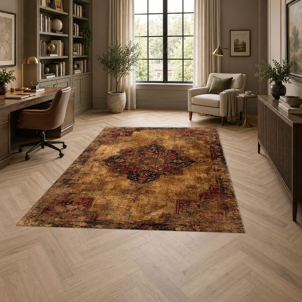 Distressed Brown Vintage Persian Medallion printed area rug