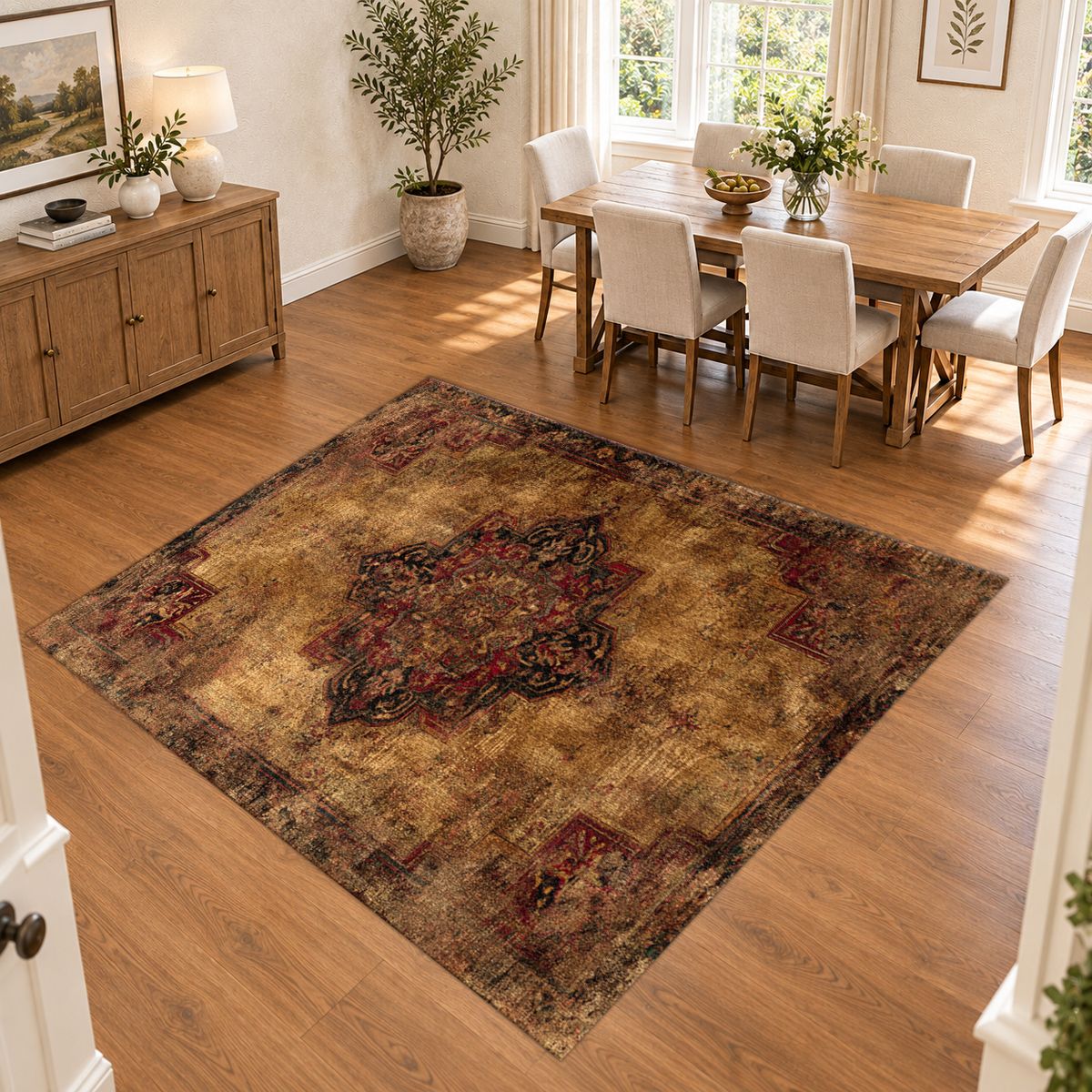 Distressed Brown Vintage Persian Medallion printed area rug