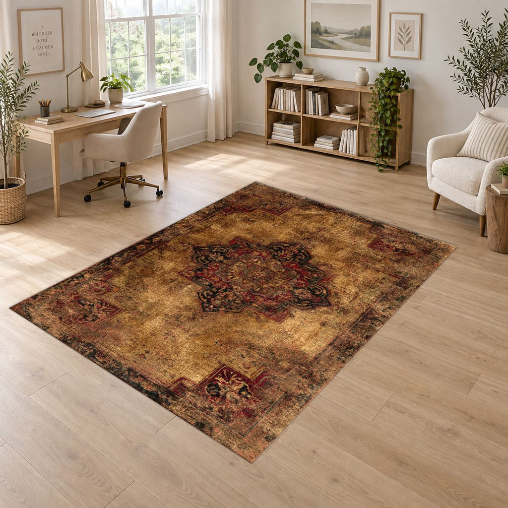 Distressed Brown Vintage Persian Medallion printed area rug