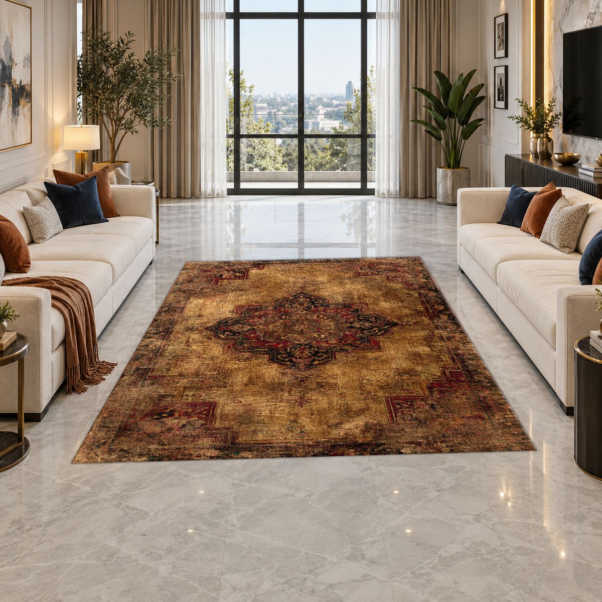 Distressed Brown Vintage Persian Medallion printed area rug
