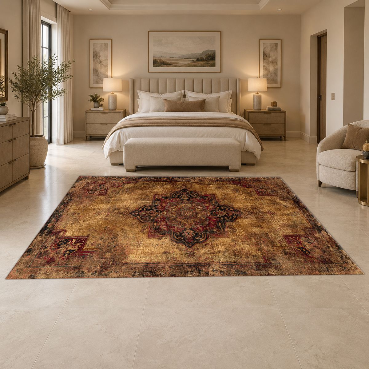 Distressed Brown Vintage Persian Medallion printed area rug