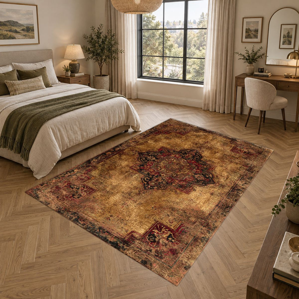 Distressed Brown Vintage Persian Medallion printed area rug