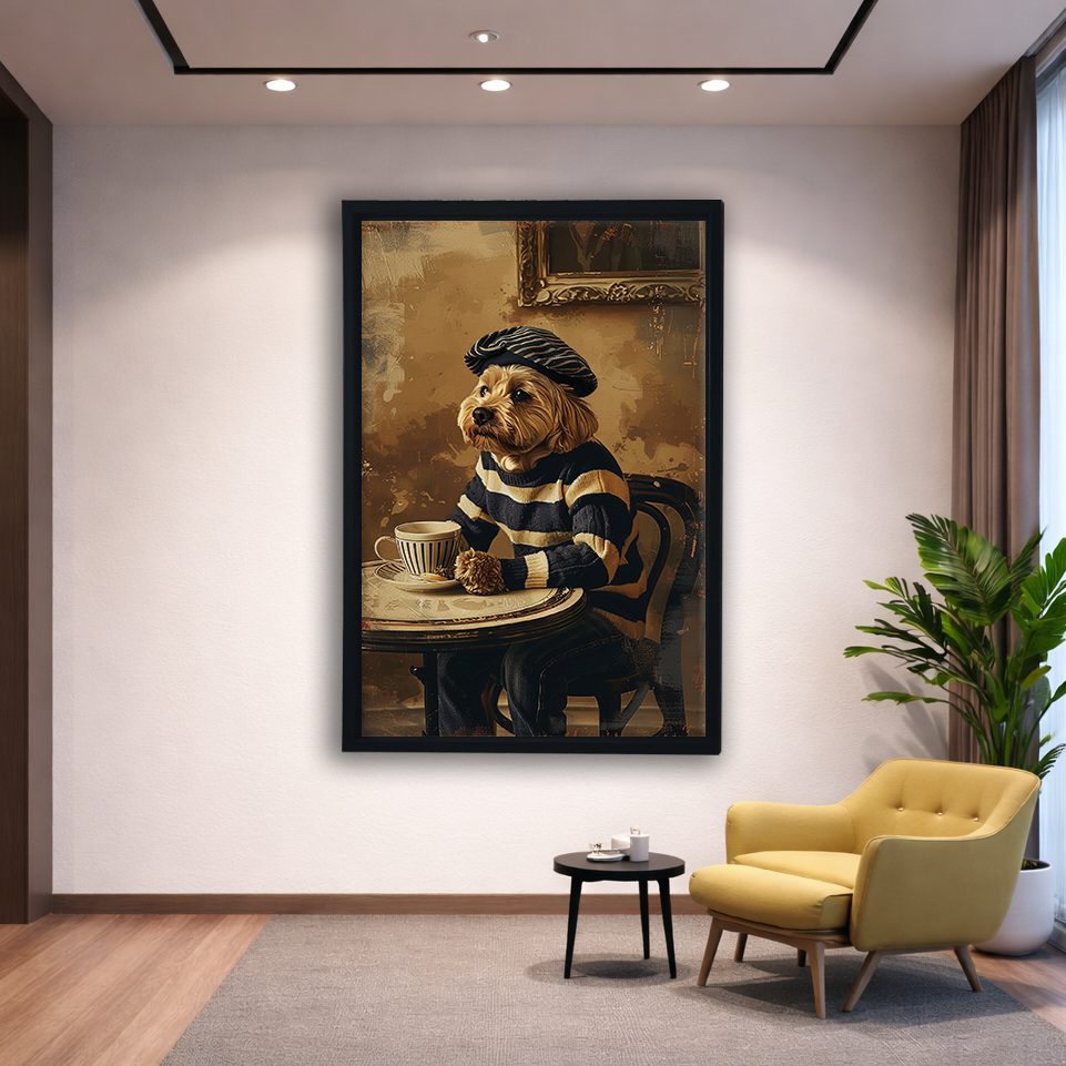 Dog in Beret at Paris Cafe canvas wall art, black floating frame