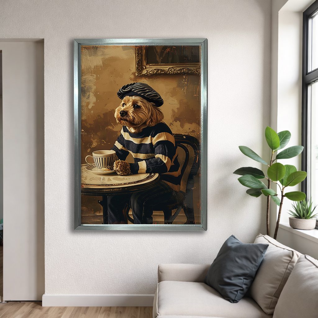 Dog in Beret at Paris Cafe canvas wall art, silver floating frame