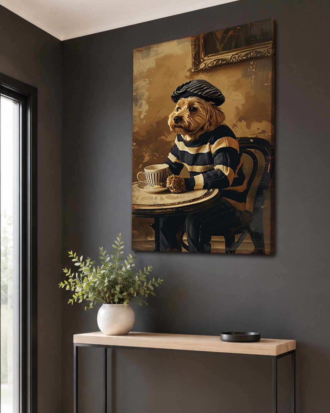 Dog in Beret at Paris Cafe canvas wall art, unframed canvas