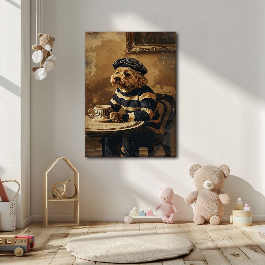 Dog in Beret at Paris Cafe canvas wall art, unframed canvas