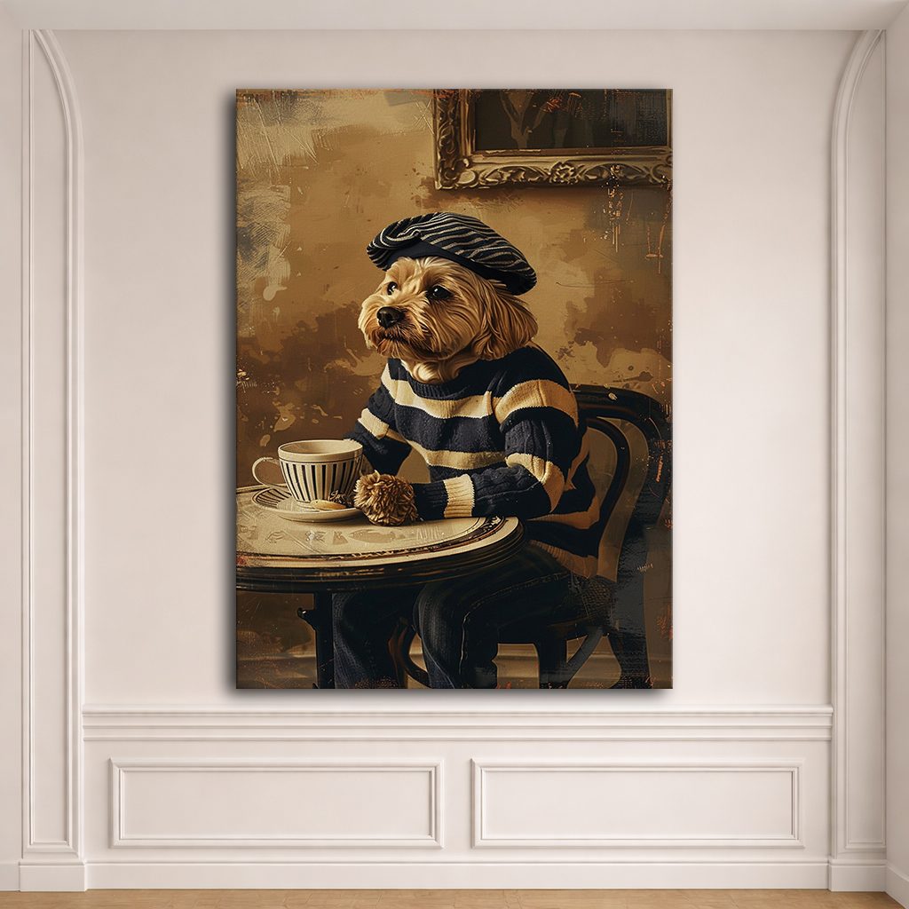 Dog in Beret at Paris Cafe canvas wall art, unframed canvas
