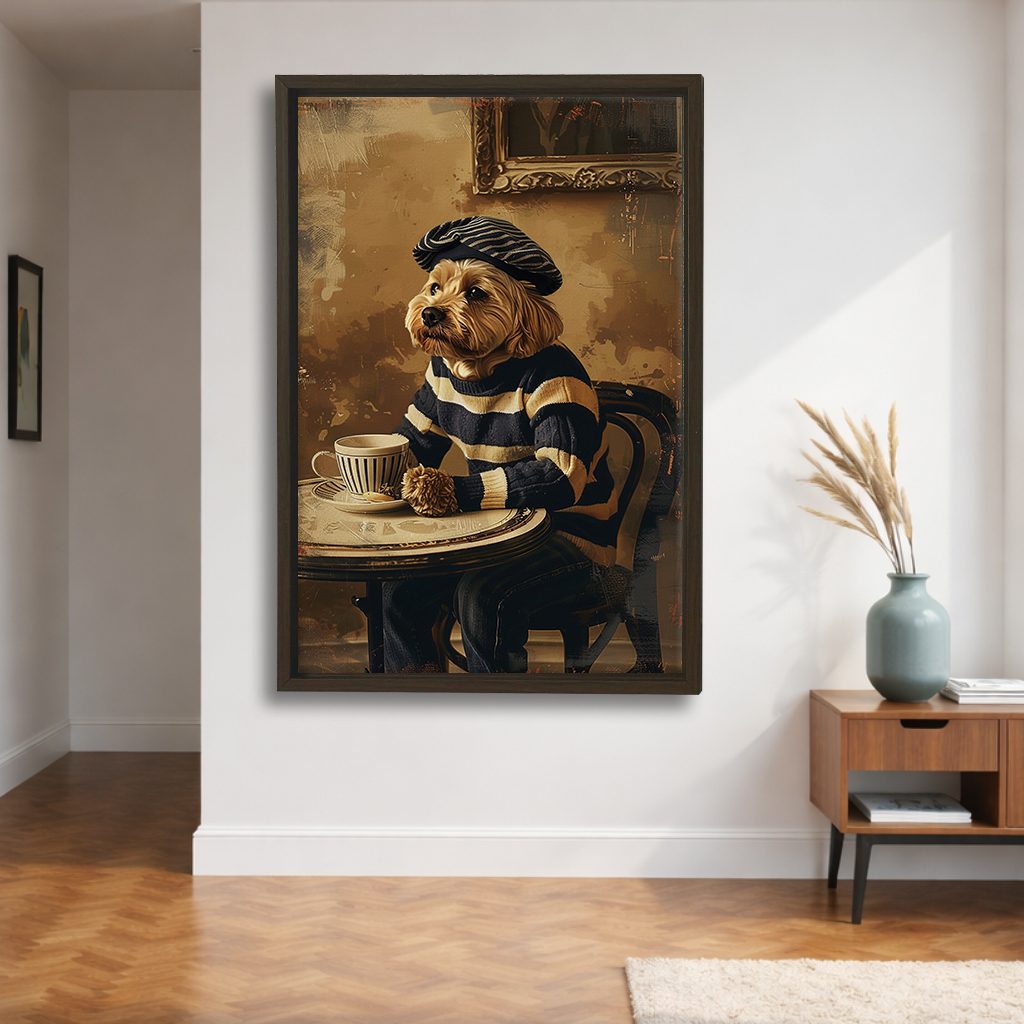 Dog in Beret at Paris Cafe canvas wall art, walnut floating frame