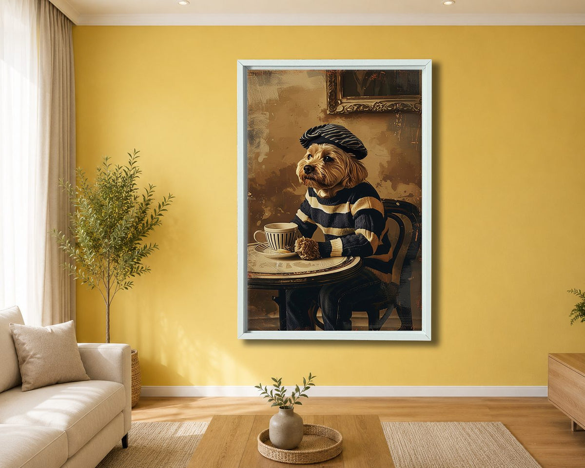 Dog in Beret at Paris Cafe canvas wall art, white floating frame