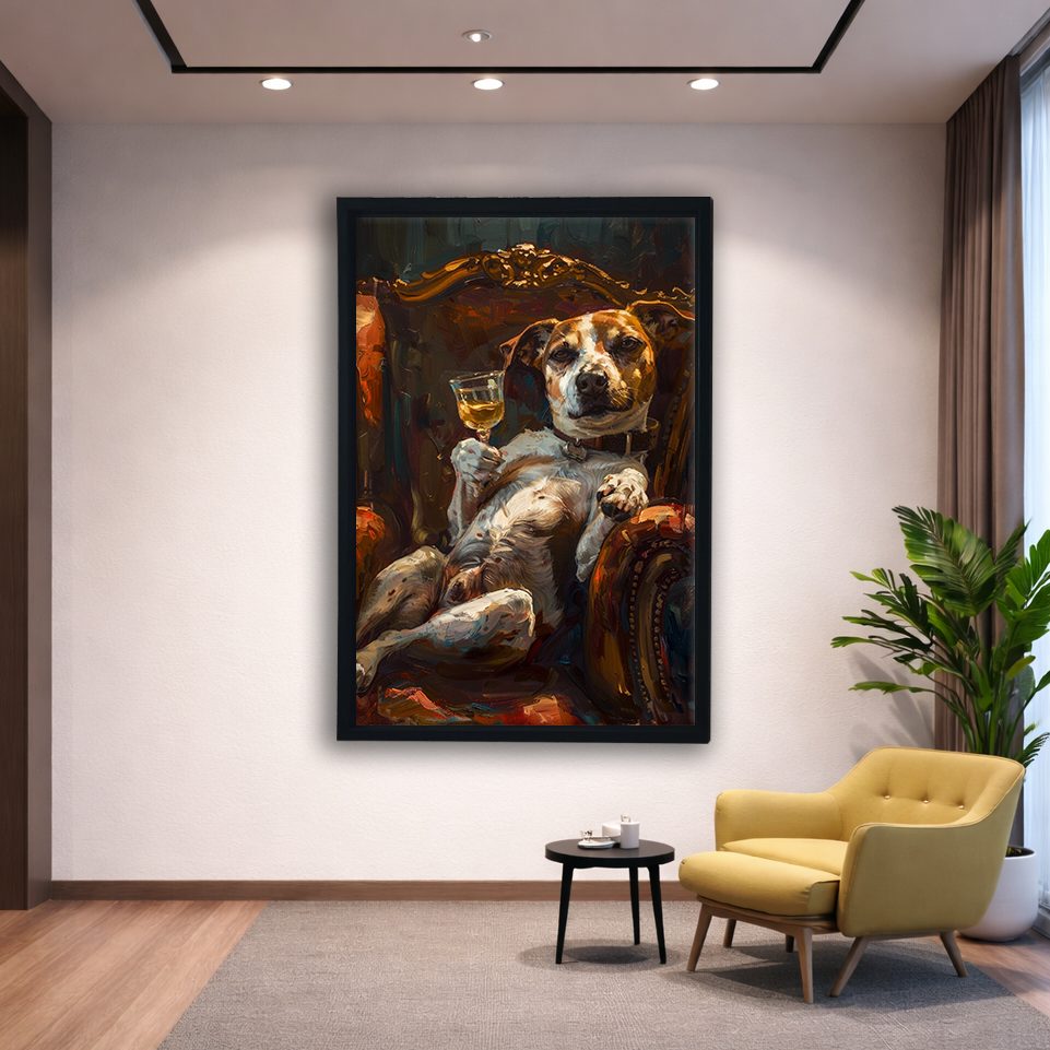 Dog Relaxing with Wine in Armchair canvas wall art, black floating frame