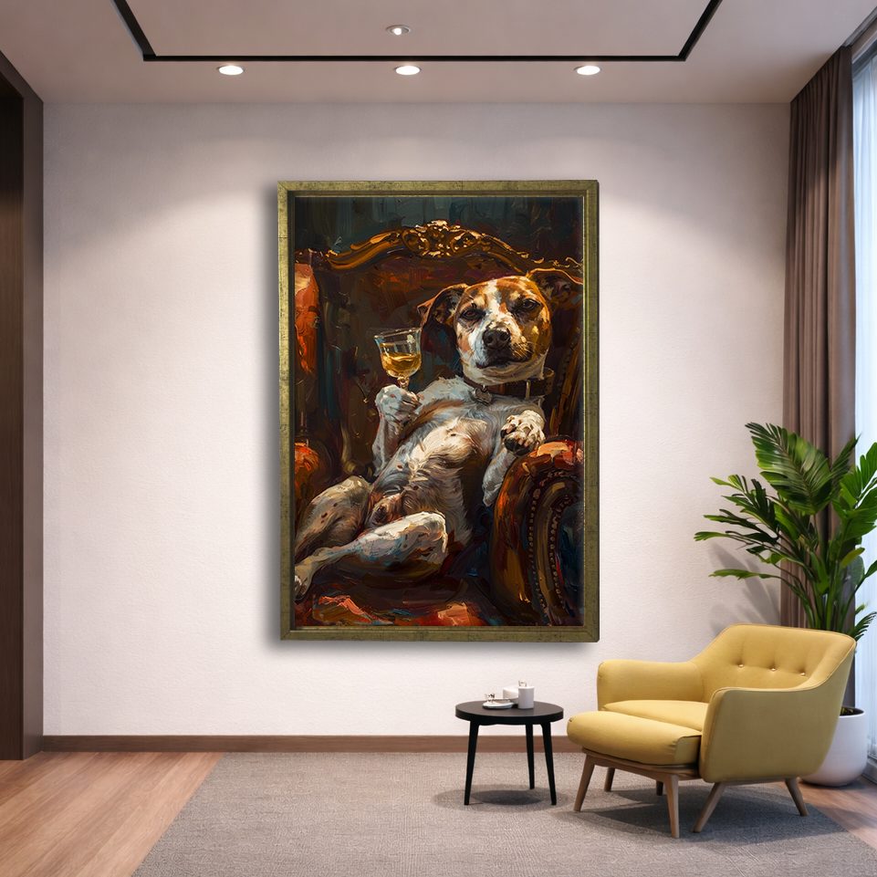 Dog Relaxing with Wine in Armchair canvas wall art, gold floating frame