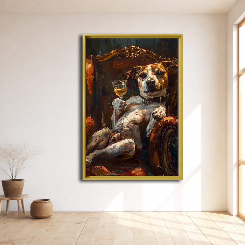 Dog Relaxing with Wine in Armchair canvas wall art, natural wood floating frame