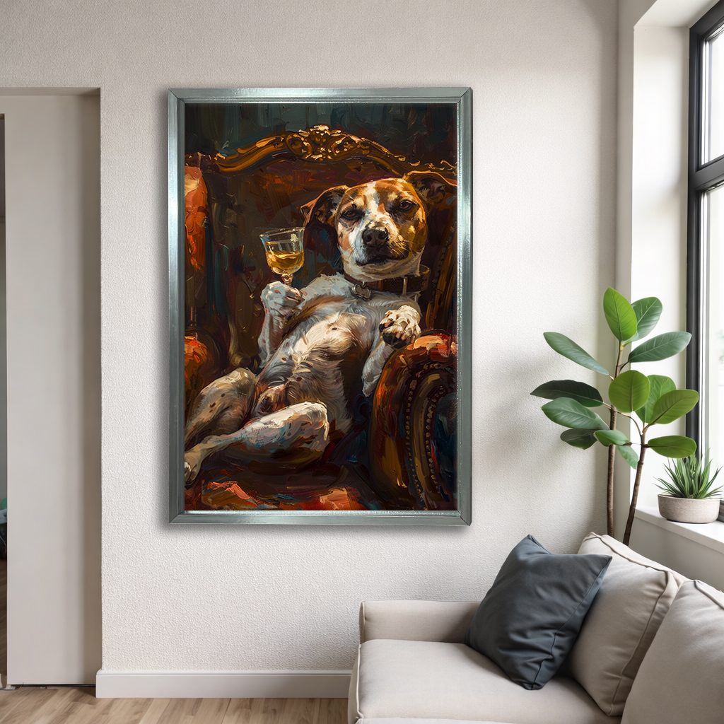 Dog Relaxing with Wine in Armchair canvas wall art, silver floating frame