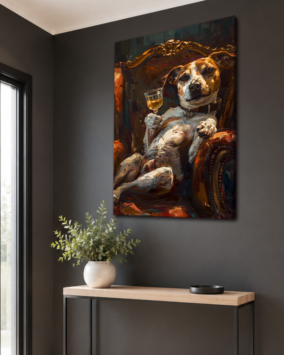 Dog Relaxing with Wine in Armchair canvas wall art, unframed canvas
