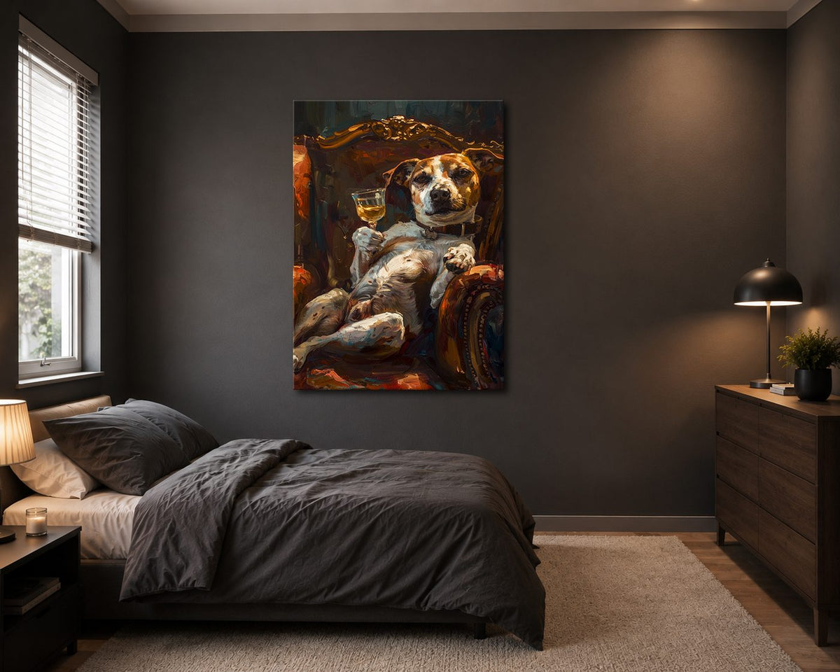 Dog Relaxing with Wine in Armchair canvas wall art, unframed canvas