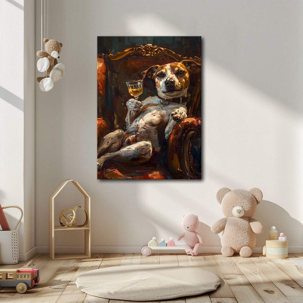Dog Relaxing with Wine in Armchair canvas wall art, unframed canvas