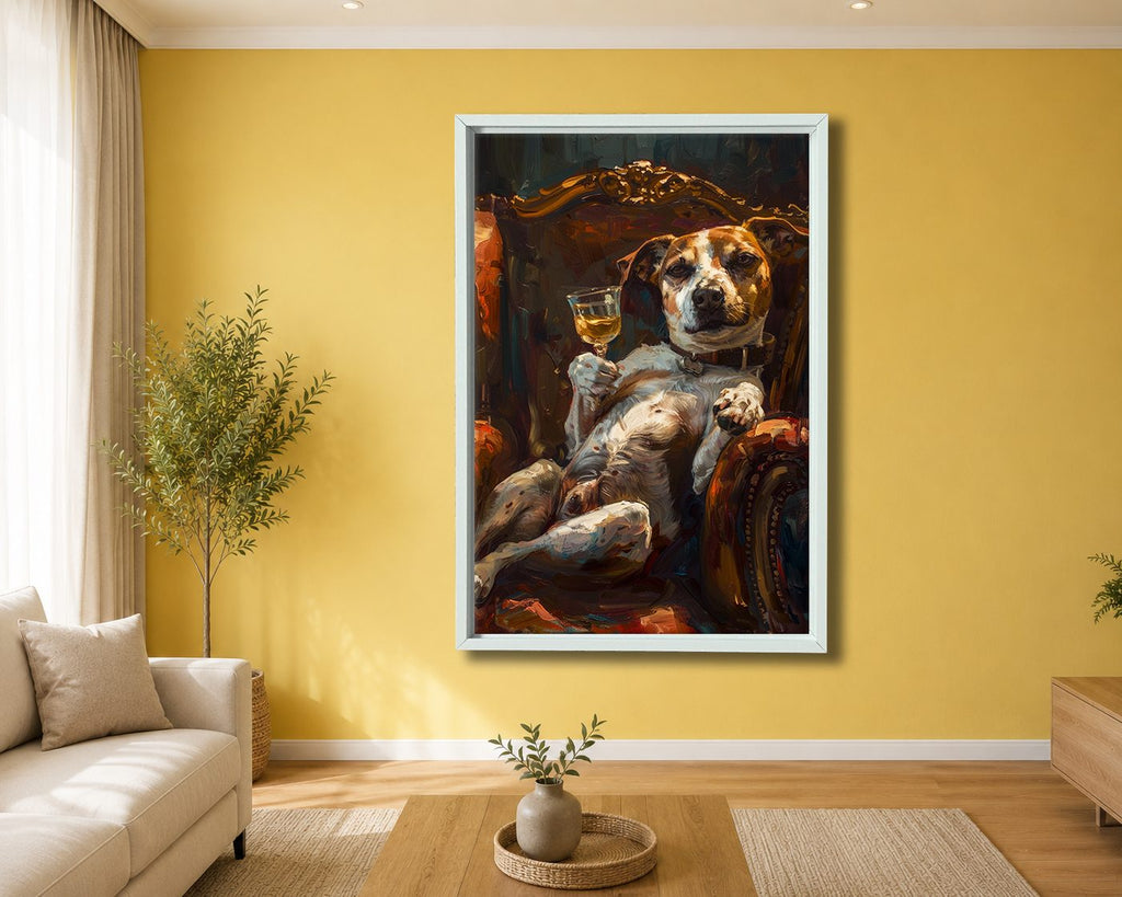 Dog Relaxing with Wine in Armchair canvas wall art, white floating frame