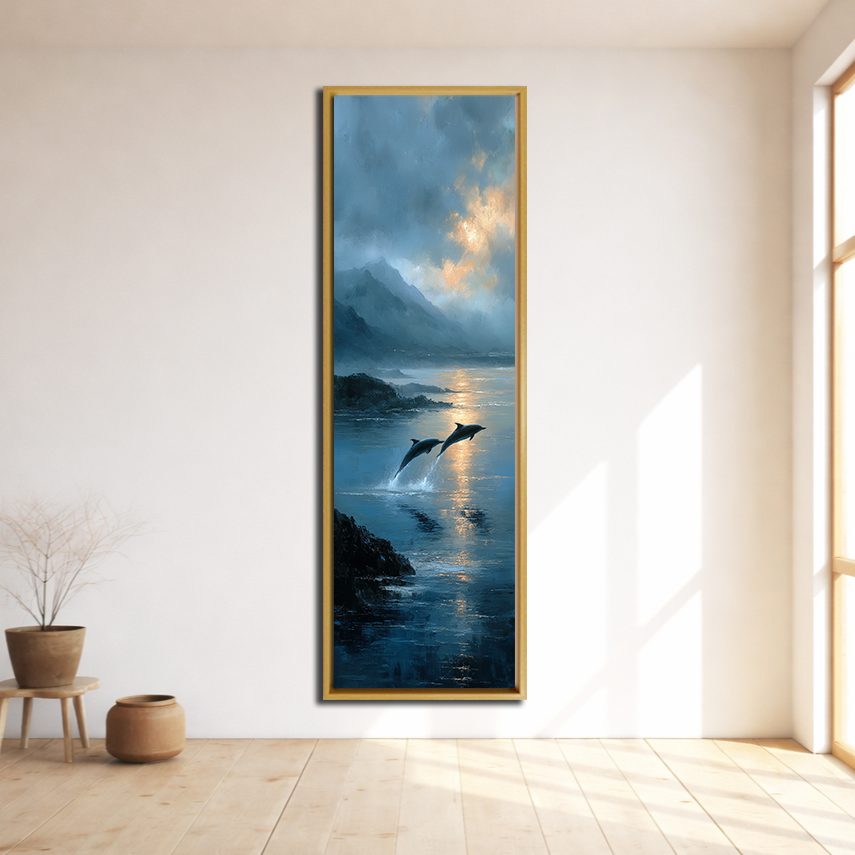 Dolphins Jumping at Twilight Sea canvas wall art, natural wood floating frame
