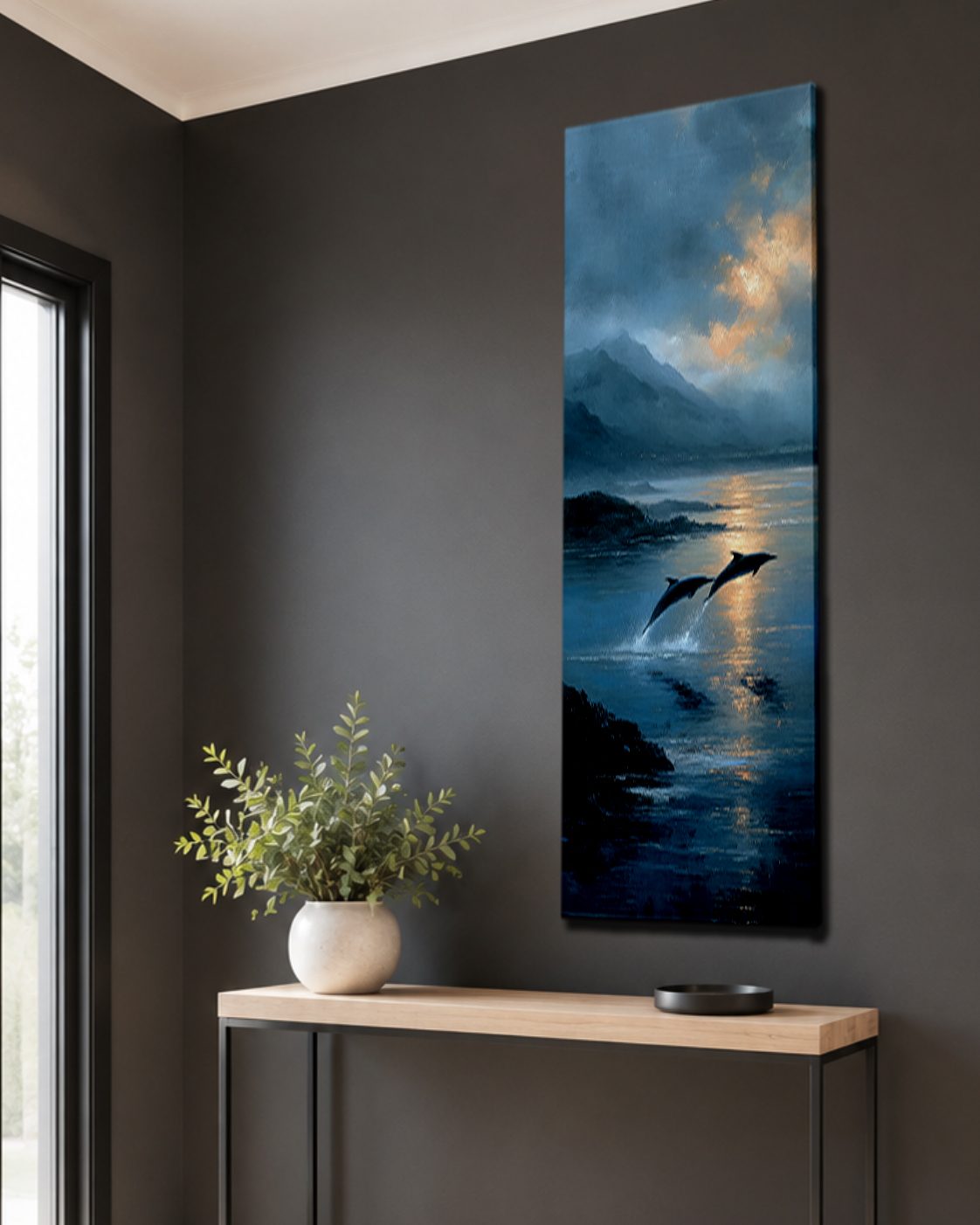 Dolphins Jumping at Twilight Sea canvas wall art, unframed canvas